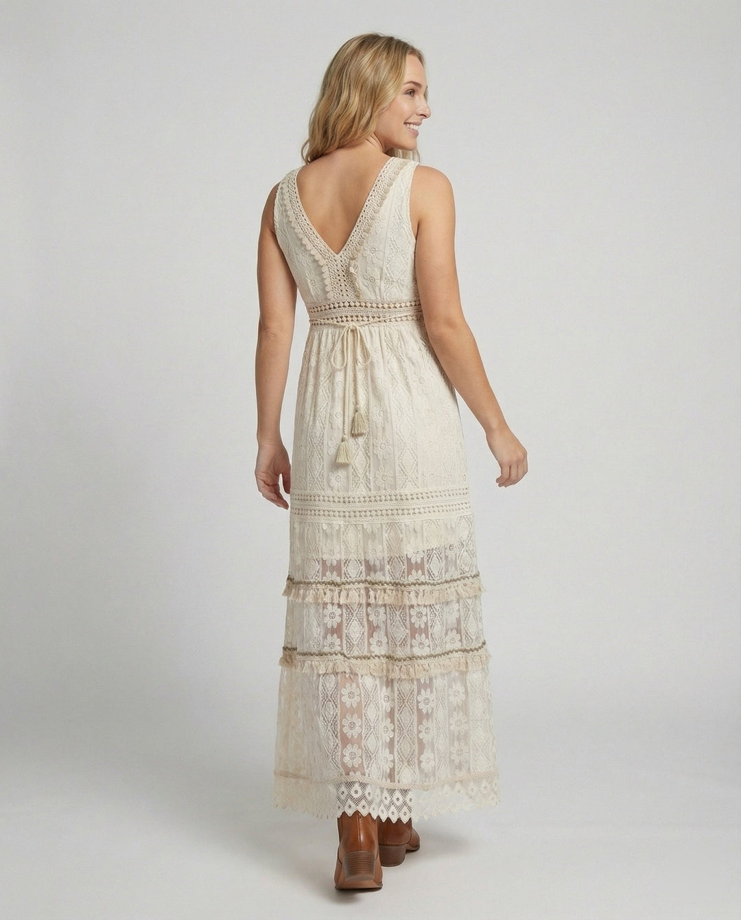 Tallulah | Tiered Lace Tassel Tie Boho Dress in Maxi