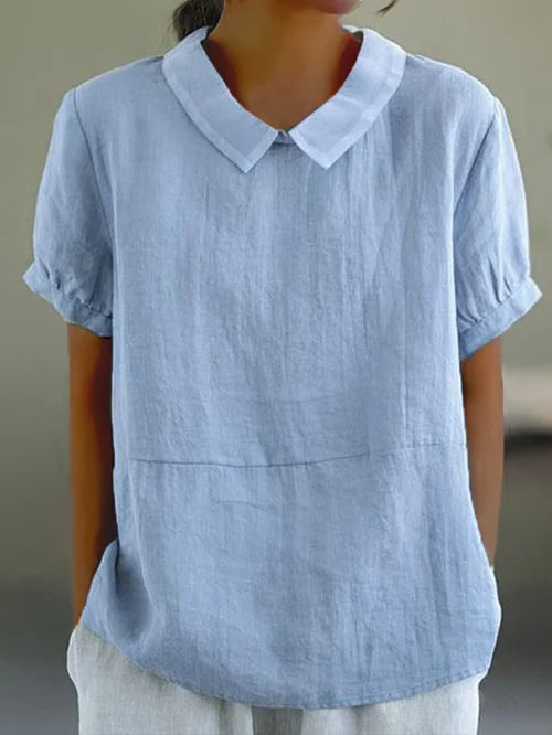 Lisbon | Peter Pan Collar Short-Sleeve Linen Tunic Blouse