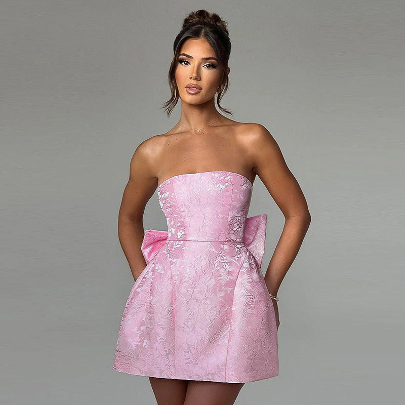 Bianca | Strapless Bow Back Jacquard Homecoming Mini Dress
