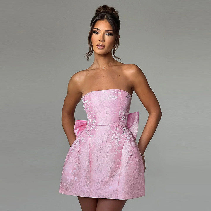 Bianca | Strapless Bow Back Jacquard Homecoming Mini Dress