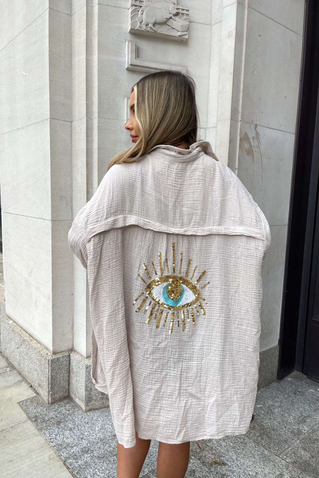 Nazar | Oversized Sequin Evil Eye Shirt – Boho Statement Shirt