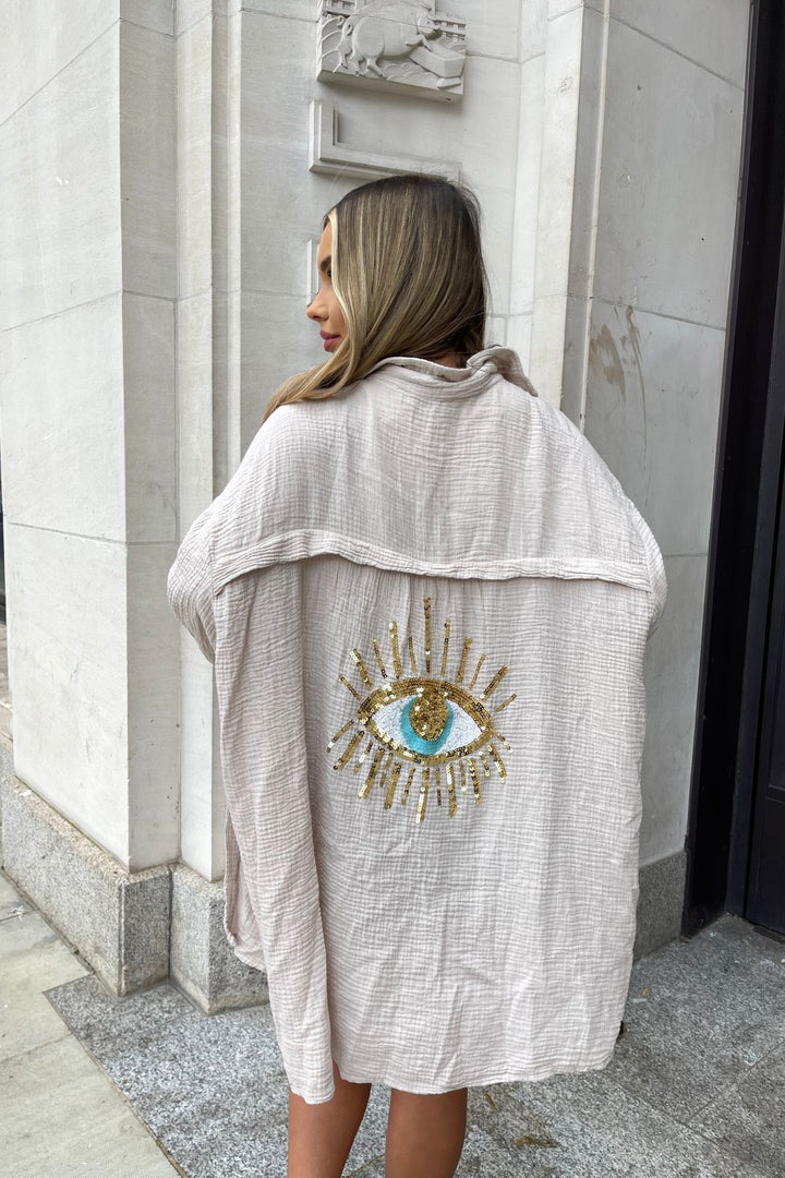 Nazar | Oversized Sequin Evil Eye Shirt – Boho Statement Shirt
