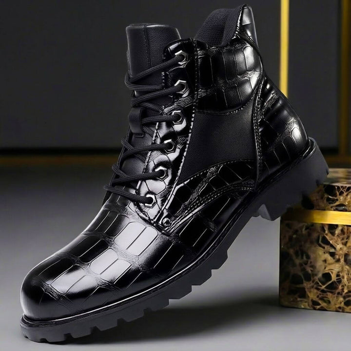 Croxton | Croc Embossed Lace-Up Contrast Panel Combat Boots