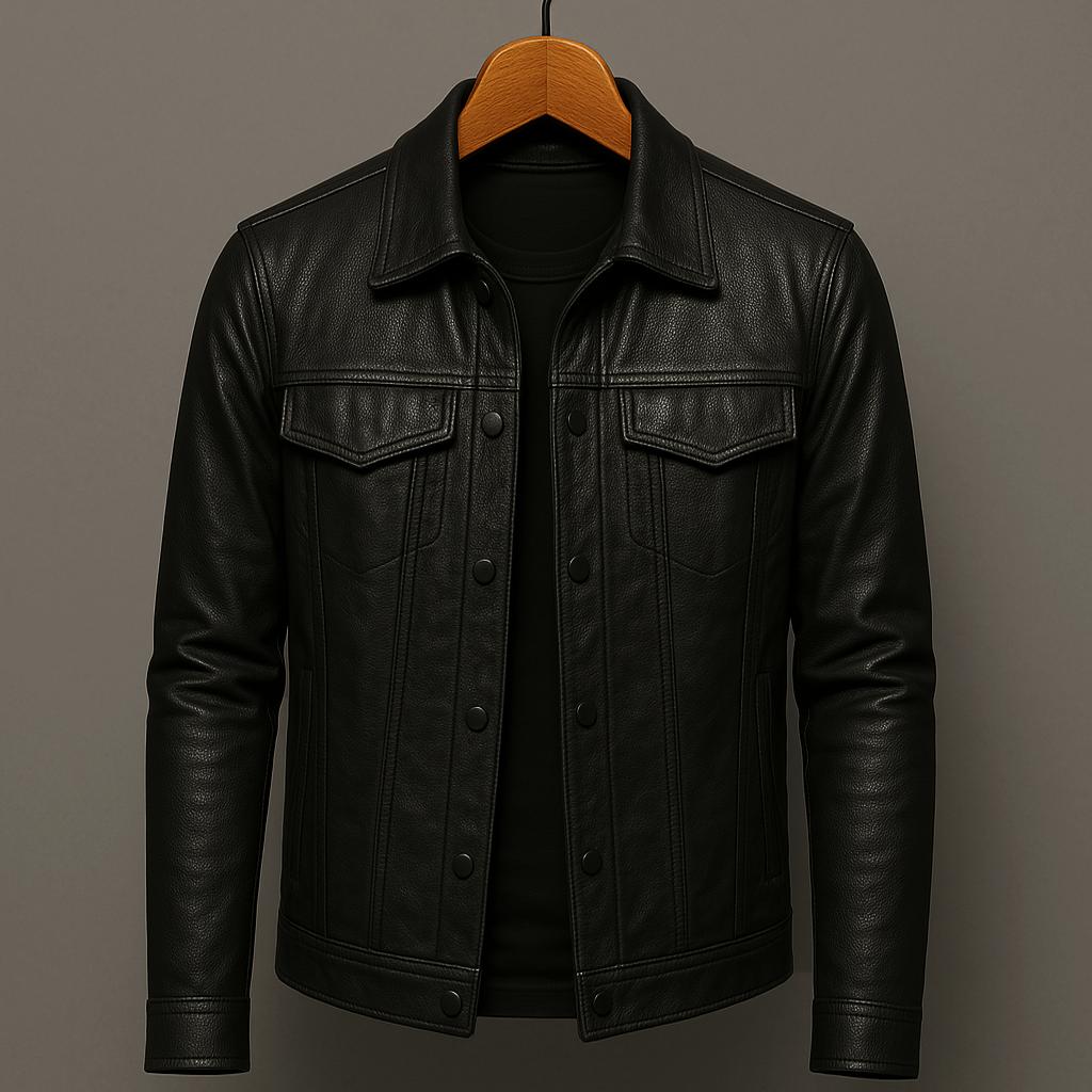 Truxton | Button-Front Trucker Leather Jacket with Chest Pockets