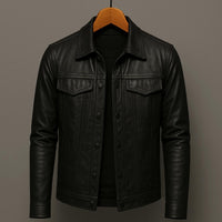 Truxton | Button-Front Trucker Leather Jacket with Chest Pockets