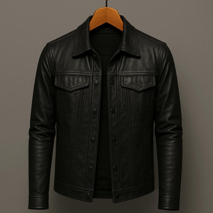 Truxton | Button-Front Trucker Leather Jacket with Chest Pockets