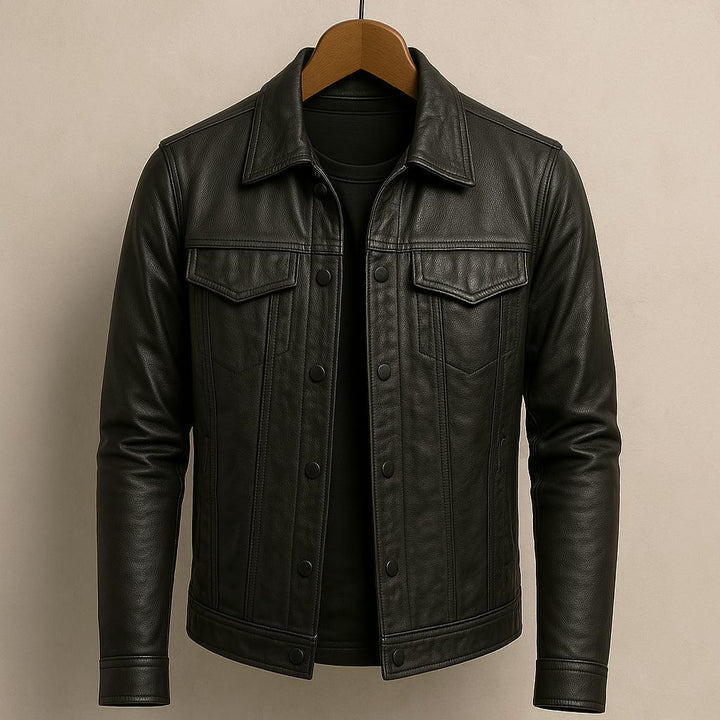 Truxton | Button-Front Trucker Leather Jacket with Chest Pockets