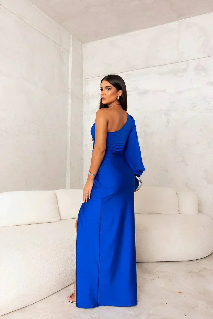 Cassandra | One Shoulder Twist Knot Satin Maxi Fall Wedding Guest Dress