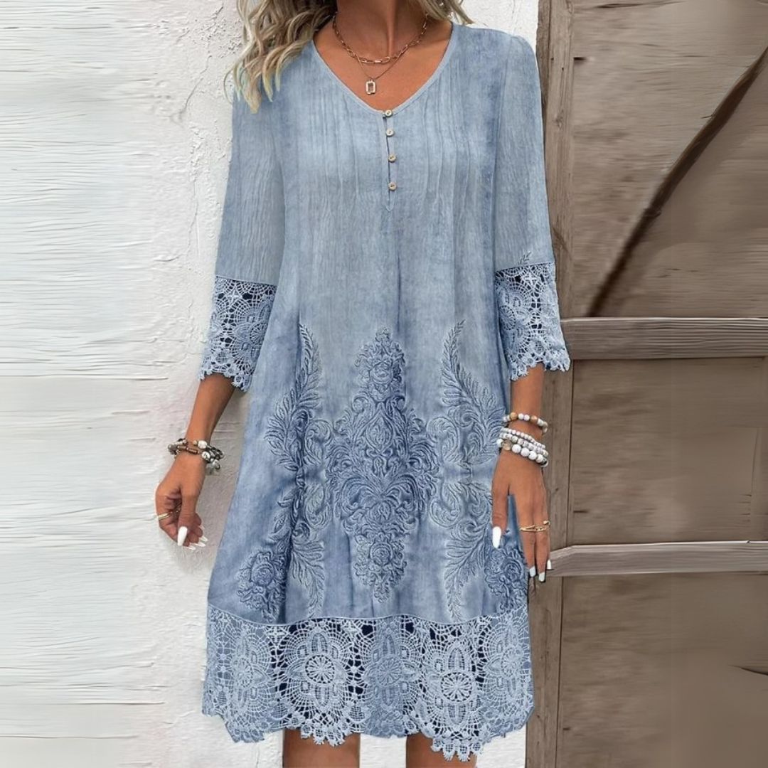 Celeste | Baroque Print Lace Trim Midi Dress