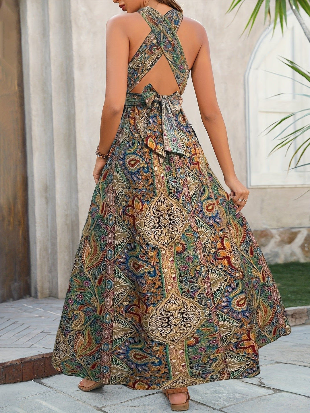 Zahira | Tapestry Print Cross-Front Halter Neck Maxi Dress with Split