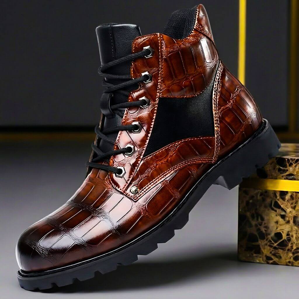 Croxton | Croc Embossed Lace-Up Contrast Panel Combat Boots