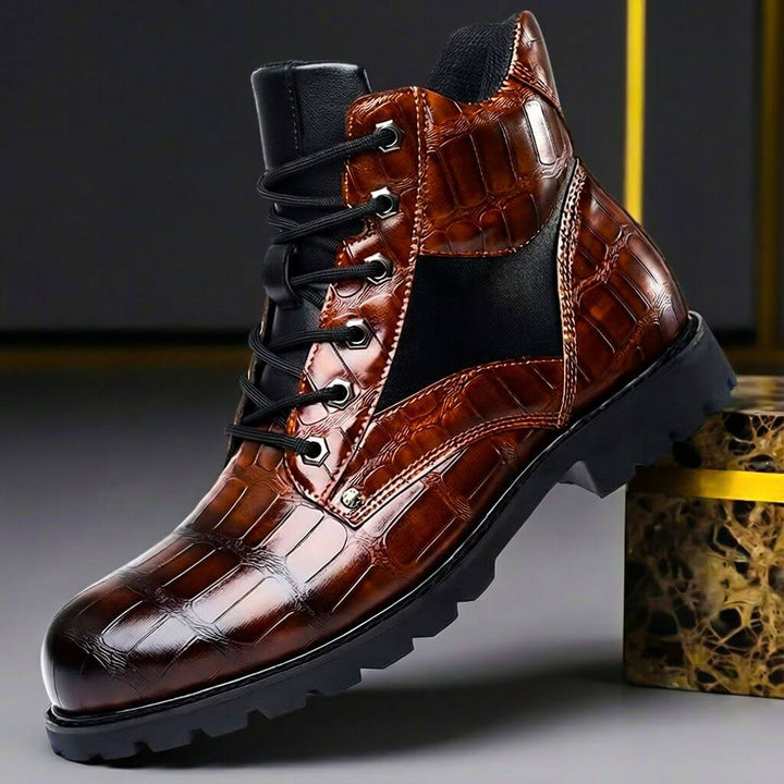 Croxton | Croc Embossed Lace-Up Contrast Panel Combat Boots