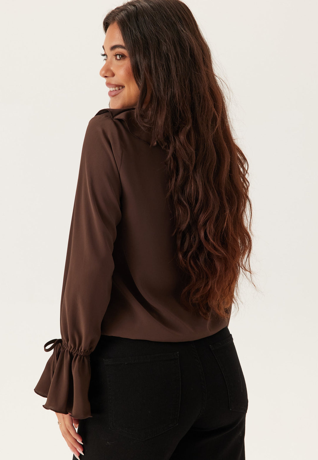 Ruffle | Frill Front Tie Neck Fluted Cuff Women's Blouse