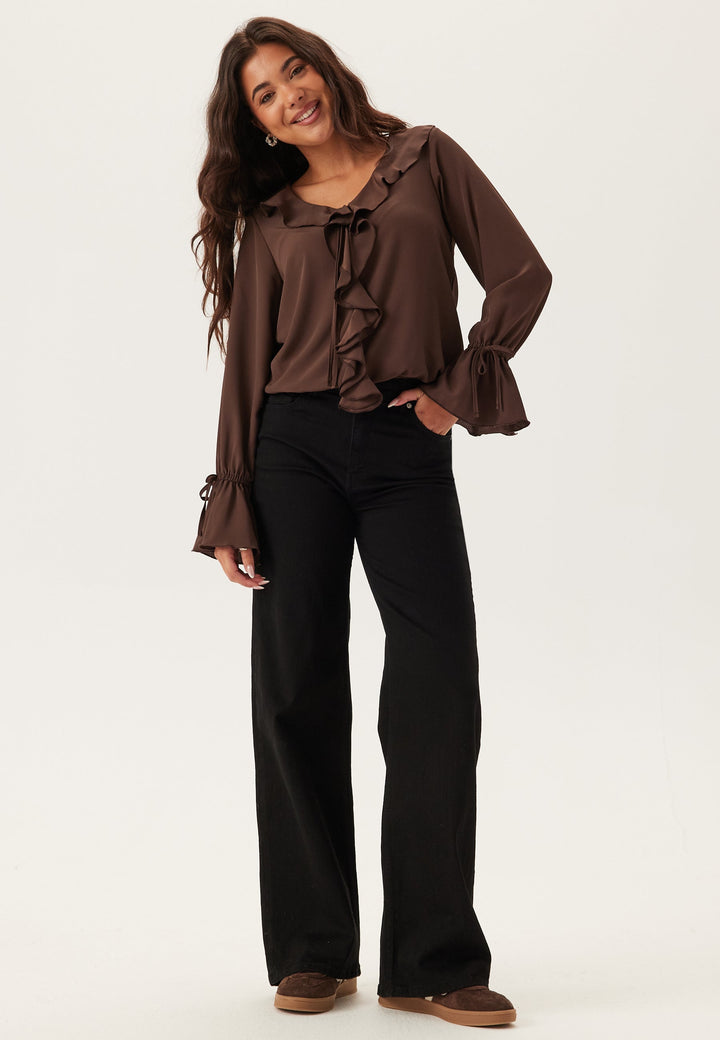 Ruffle | Frill Front Tie Neck Fluted Cuff Women's Blouse