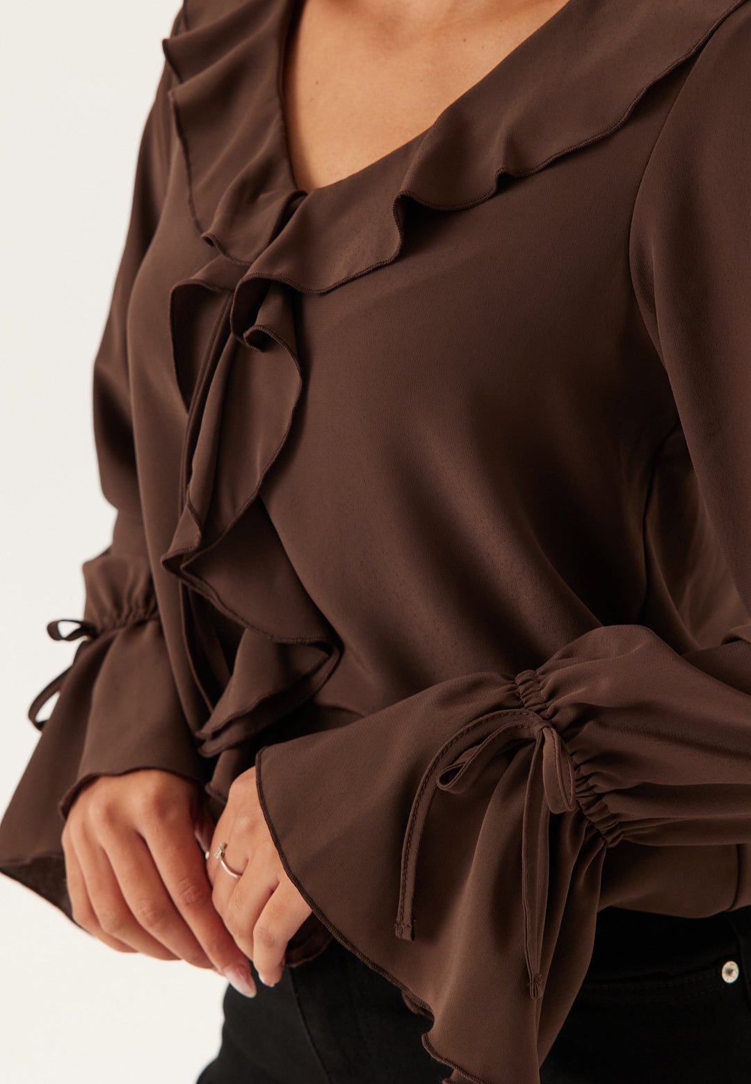 Ruffle | Frill Front Tie Neck Fluted Cuff Women's Blouse