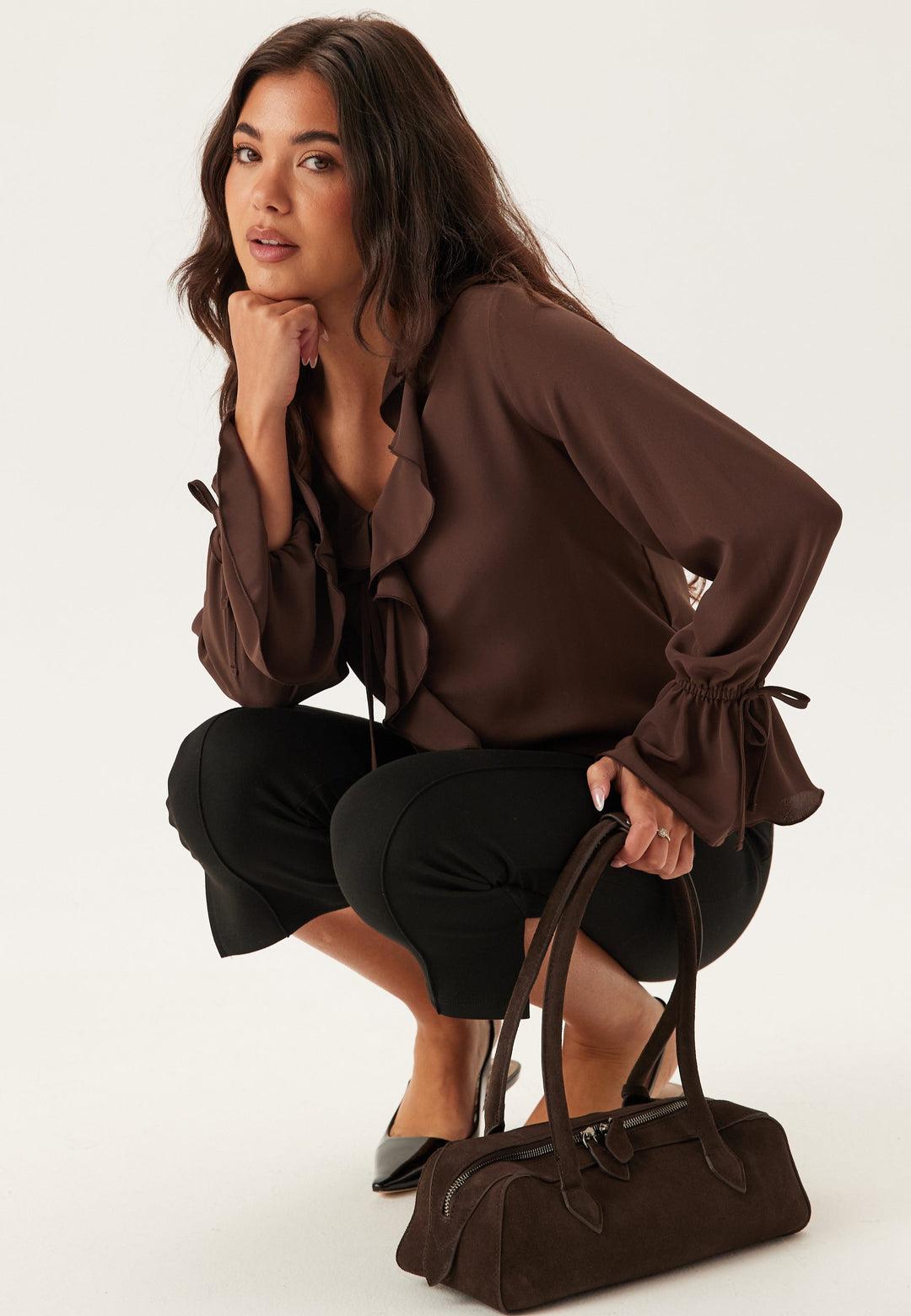 Ruffle | Frill Front Tie Neck Fluted Cuff Women's Blouse