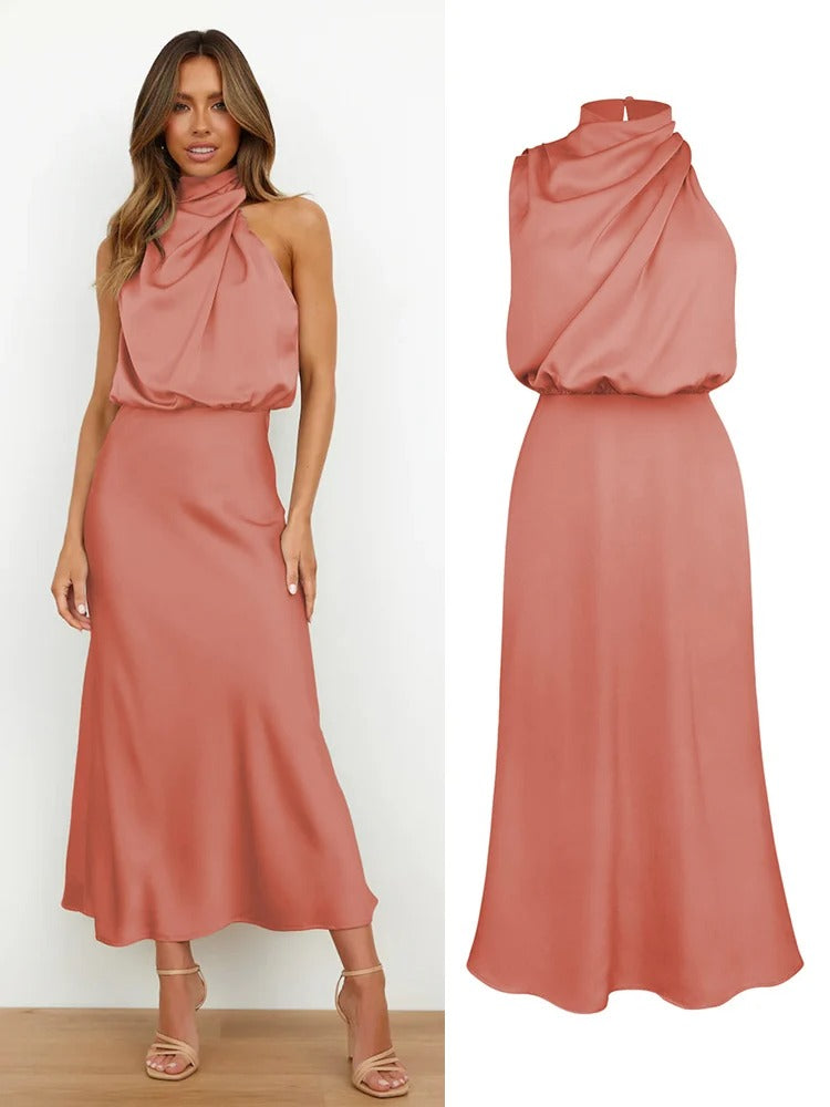 Calienne | Cowl Draped Halter Neck Maxi Dress with Elasticated Waist