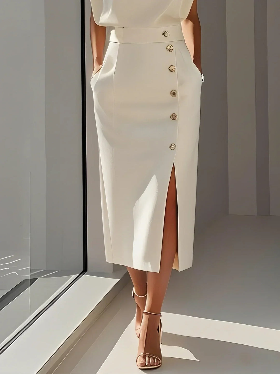 Vance | Padded Shoulder Gold Button Slit Midi Dress