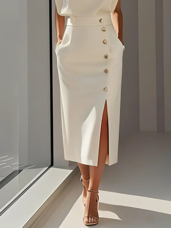 Vance | Padded Shoulder Gold Button Slit Midi Dress
