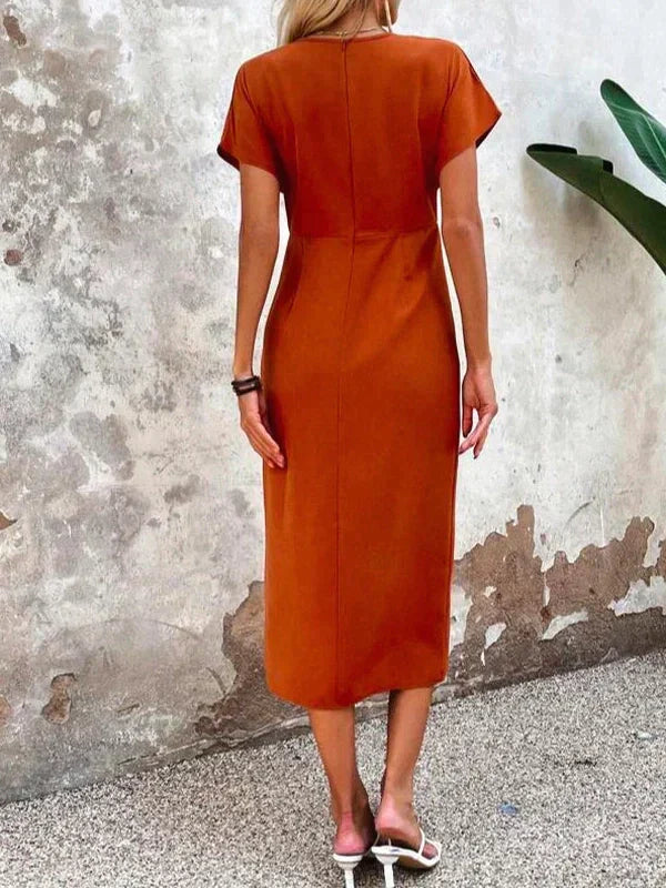 Olivia Dress - Orange V-Neck Midi Dress with Split