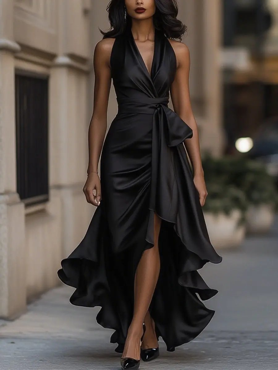 Calliope | Bow Waist Ruffle Hi-Low Halter Neck Maxi Dress