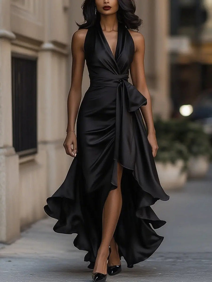 Calliope | Bow Waist Ruffle Hi-Low Halter Neck Maxi Dress