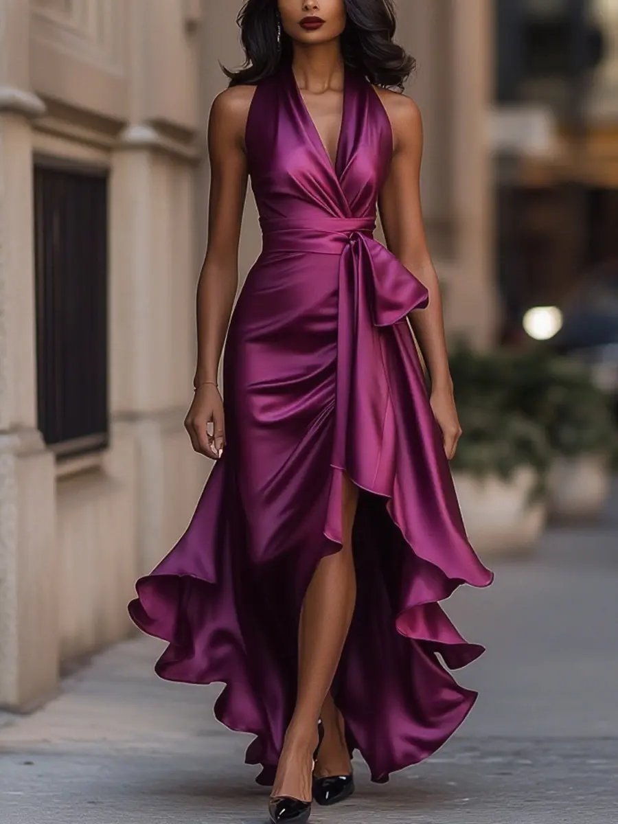 Calliope | Satin Bow Wrap Hi-Low Halter Neck Wedding Guest Dress