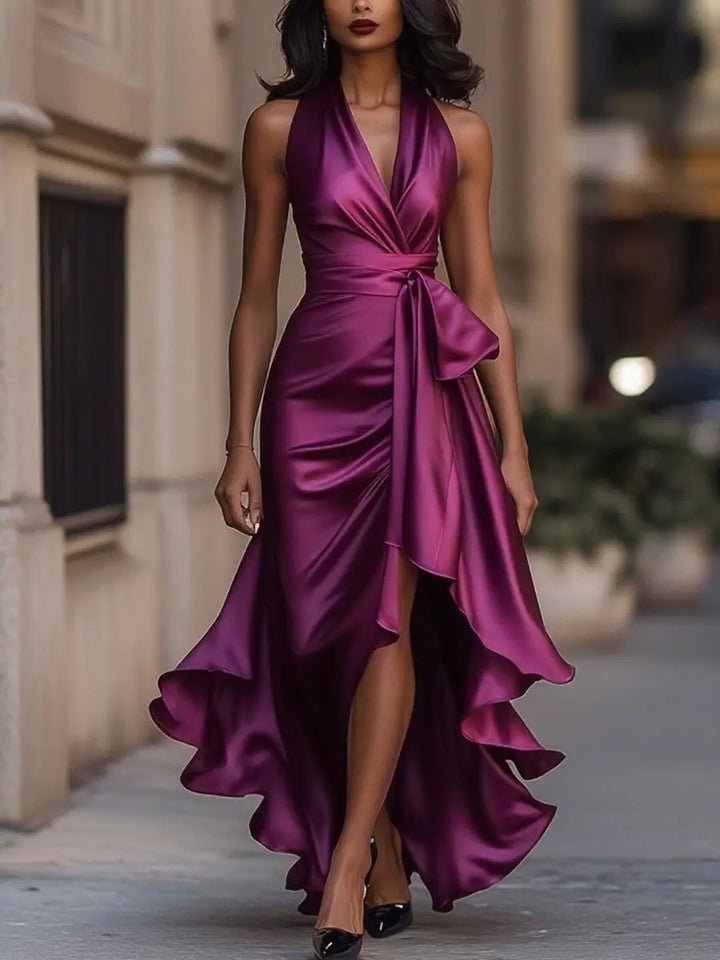 Calliope | Satin Bow Wrap Hi-Low Halter Neck Wedding Guest Dress