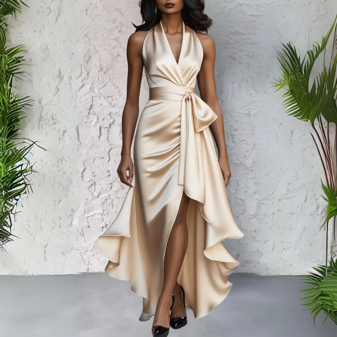 Calliope | Bow Waist Ruffle Hi-Low Halter Neck Maxi Dress