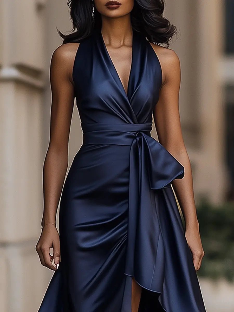 Calliope | Satin Bow Wrap Hi-Low Halter Neck Wedding Guest Dress