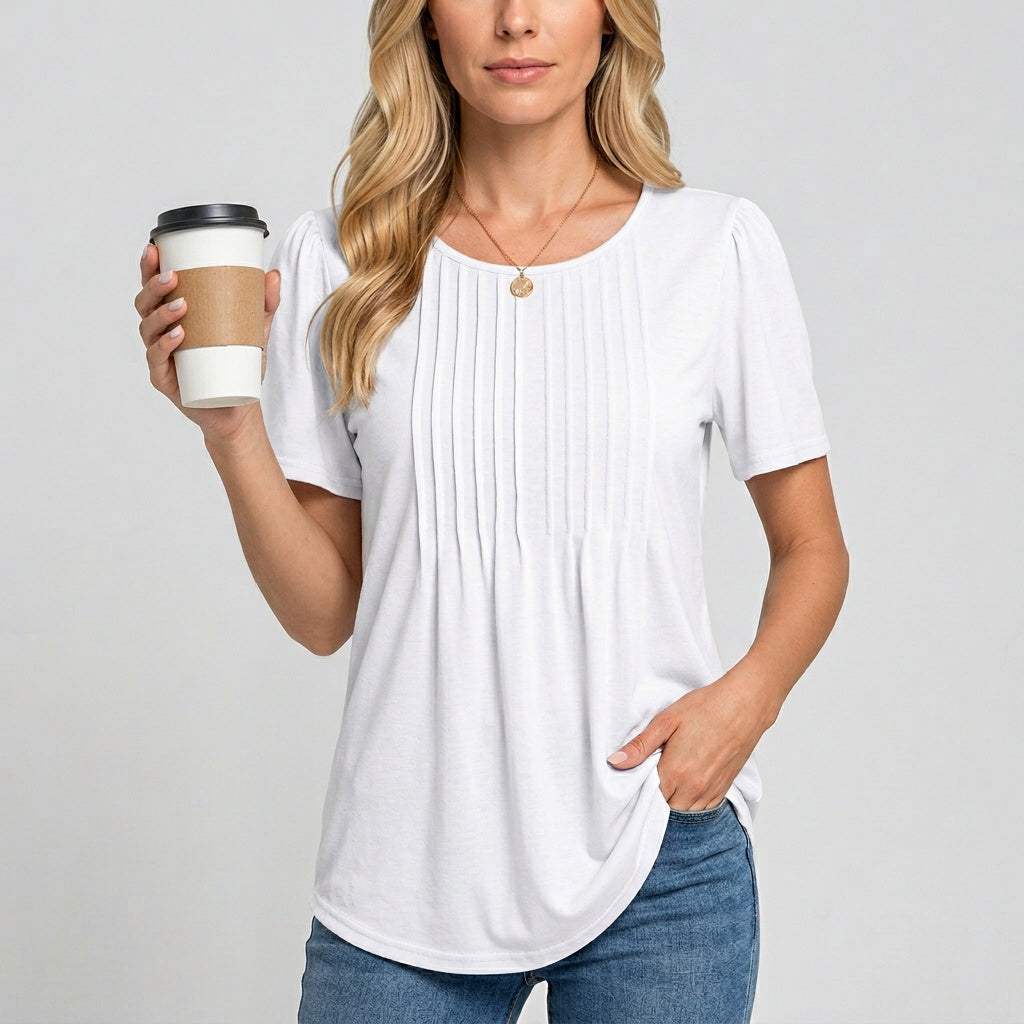 Bloom | Ditsy Floral Print Pleated Scoop Neck Womens Top