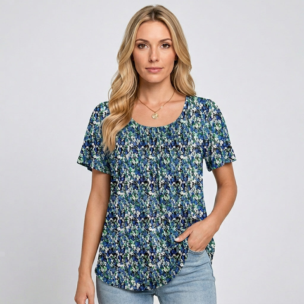 Bloom | Ditsy Floral Print Pleated Scoop Neck Womens Top