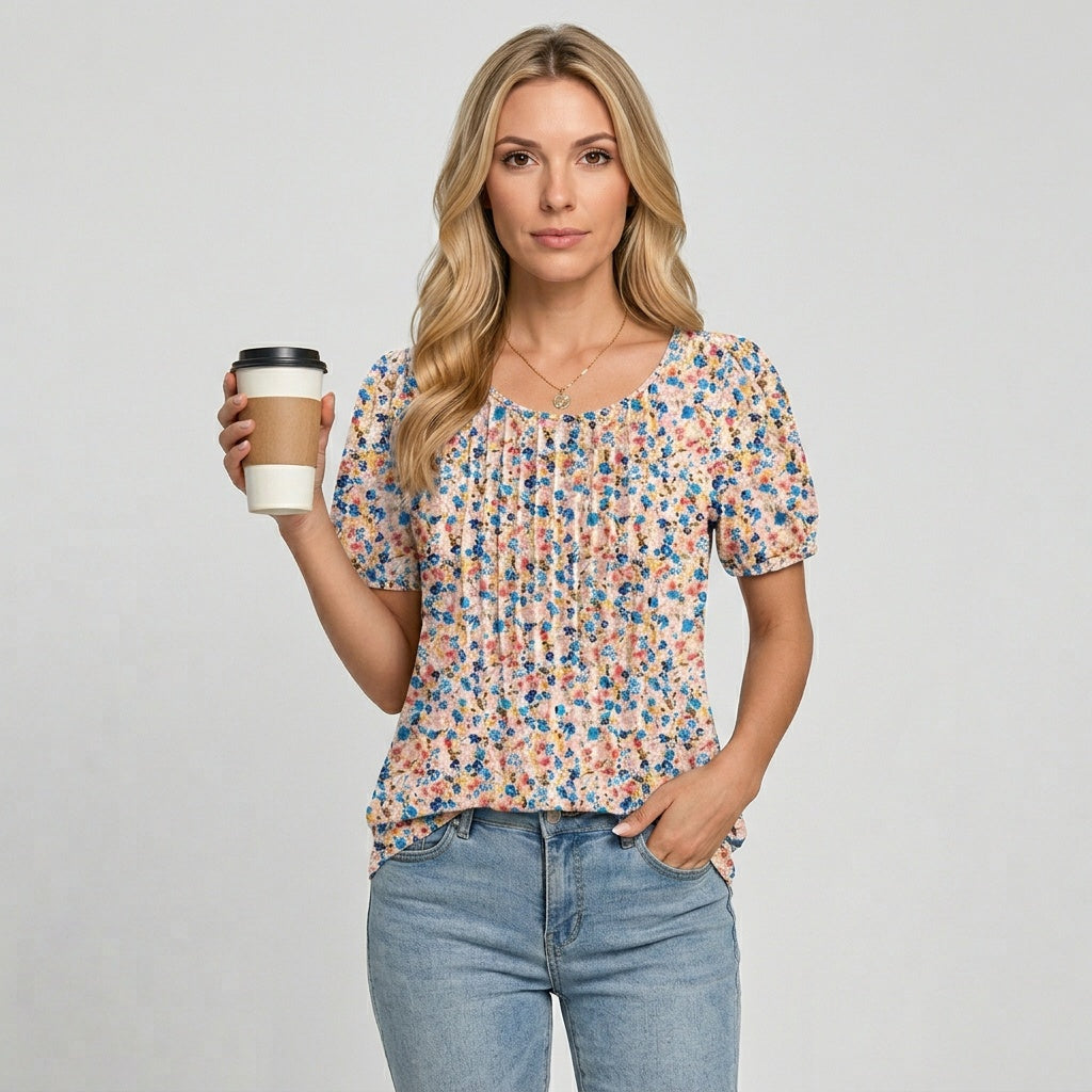 Bloom | Ditsy Floral Print Pleated Scoop Neck Womens Top