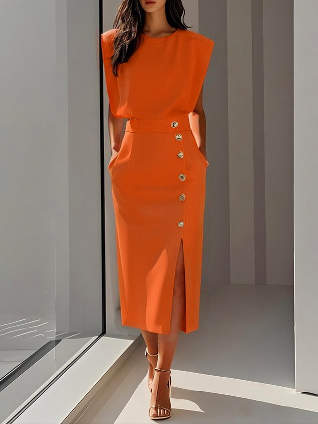 Vance | Padded Shoulder Gold Button Slit Midi Dress