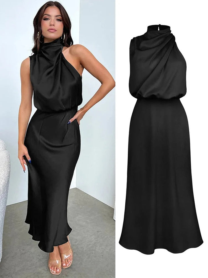 Calienne | Cowl Draped Halter Neck Maxi Dress with Elasticated Waist