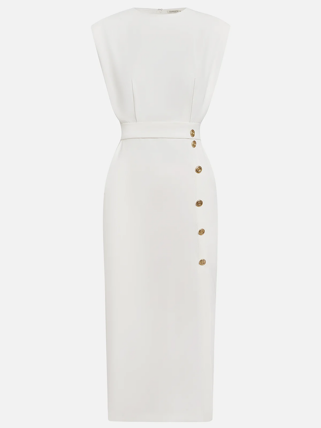 Vance | Padded Shoulder Gold Button Slit Midi Dress