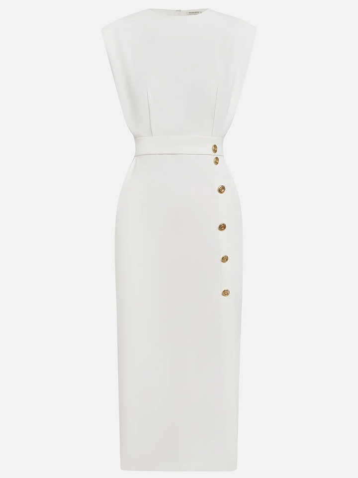 Vance | Padded Shoulder Gold Button Slit Midi Dress