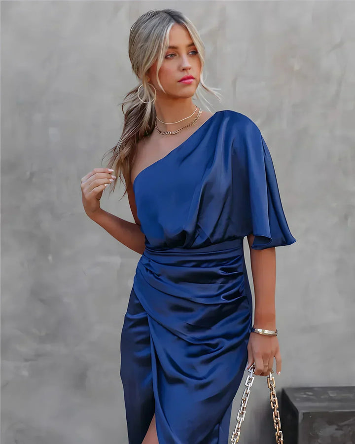 Imogen | Ruched Satin One Shoulder Dress Asymmetric Midi