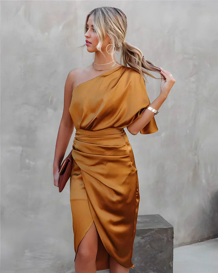 Imogen | Ruched Satin One Shoulder Dress Asymmetric Midi