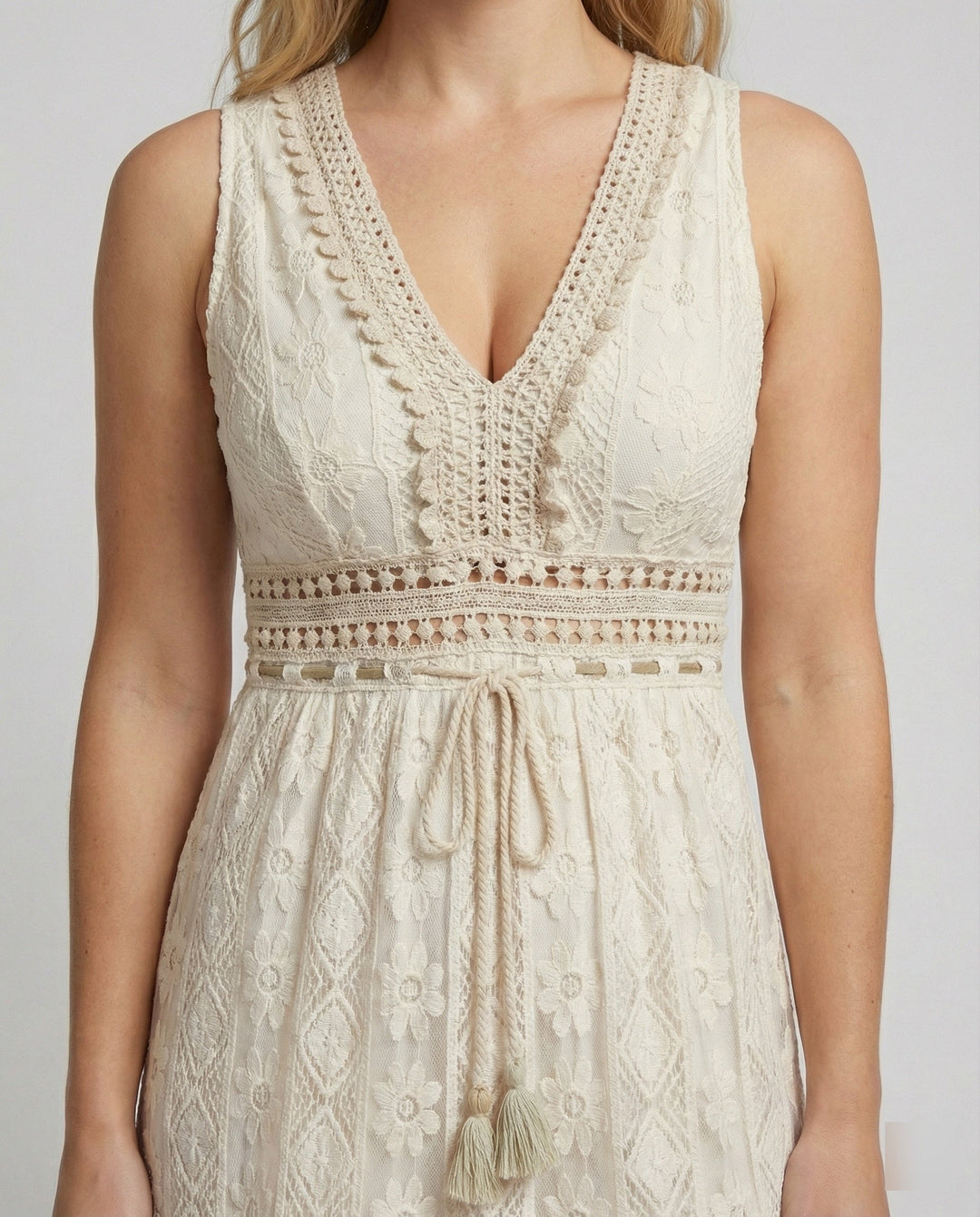 Tallulah | Tiered Lace Tassel Tie Boho Dress in Maxi