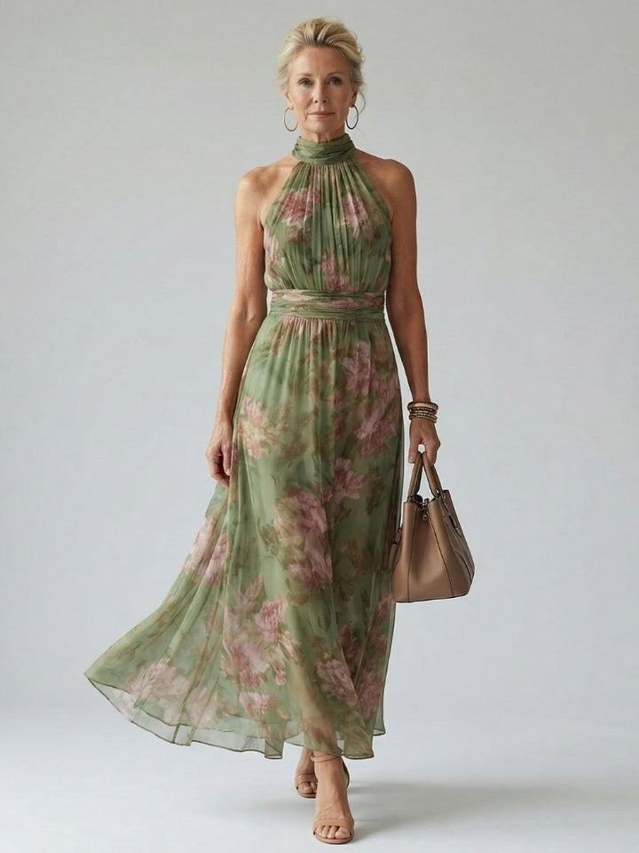 Colette | Botanical Print Gathered Halter Neck Maxi Dress