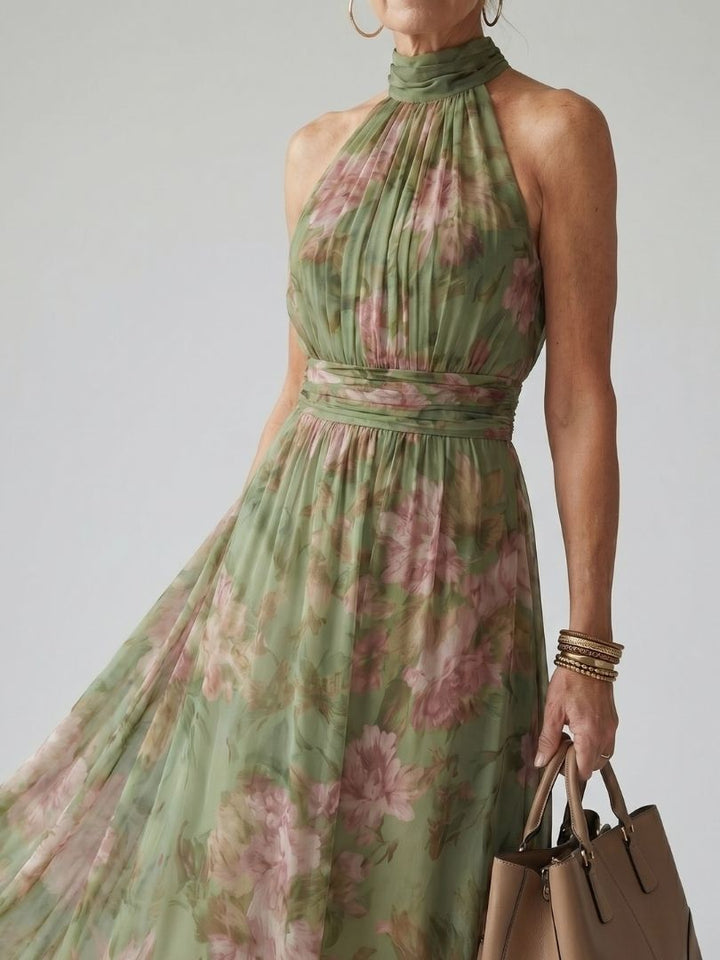 Colette | Botanical Print Gathered Halter Neck Maxi Dress