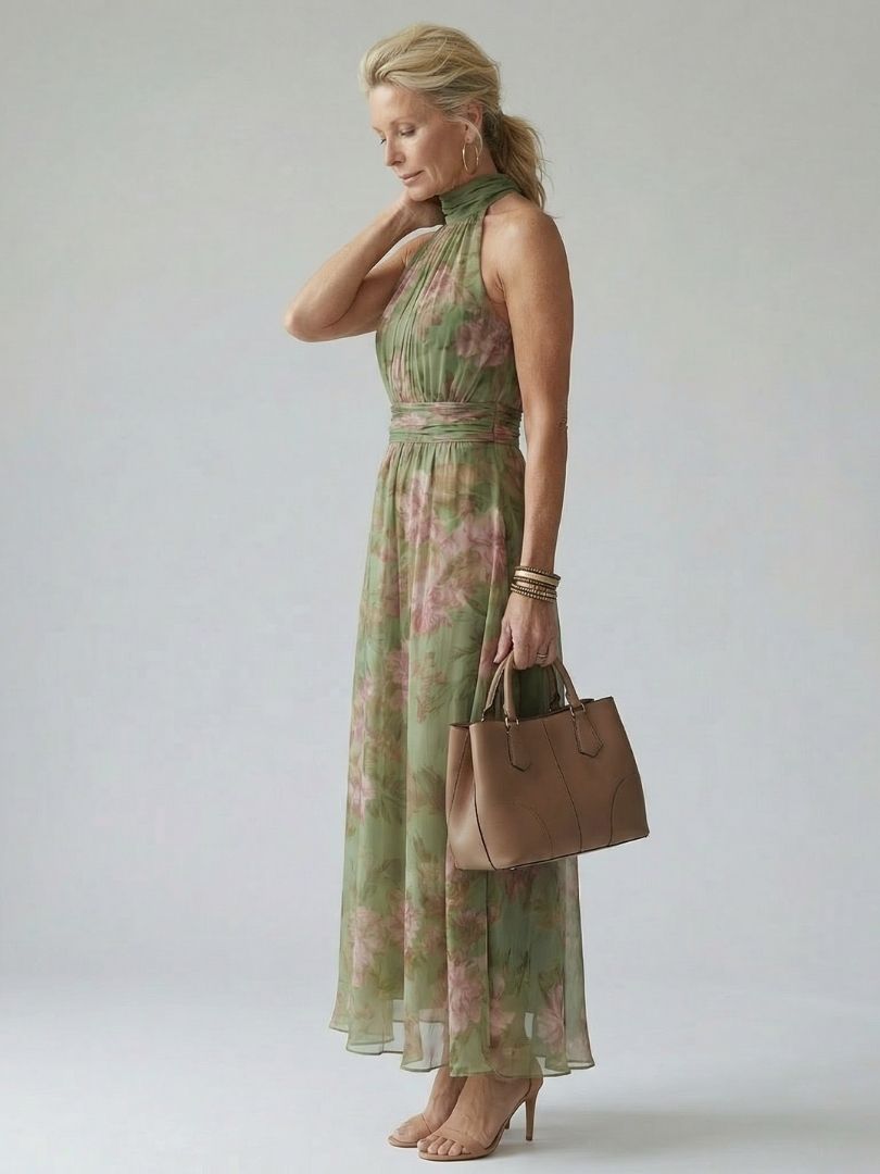Colette | Botanical Print Gathered Halter Neck Maxi Dress