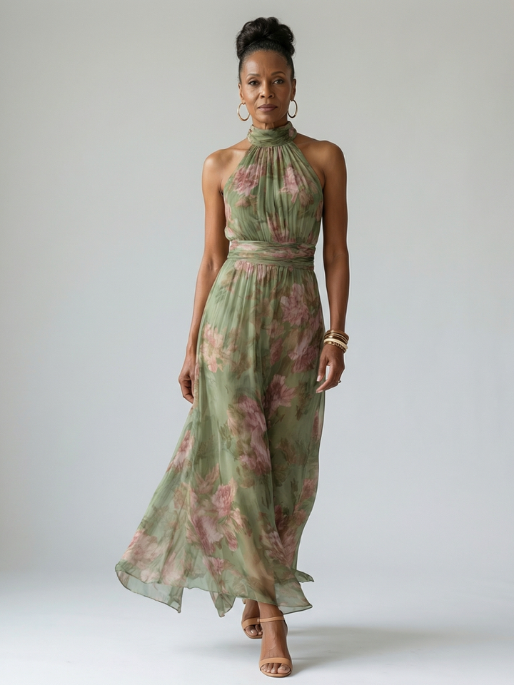 Colette | Botanical Print Gathered Halter Neck Maxi Dress