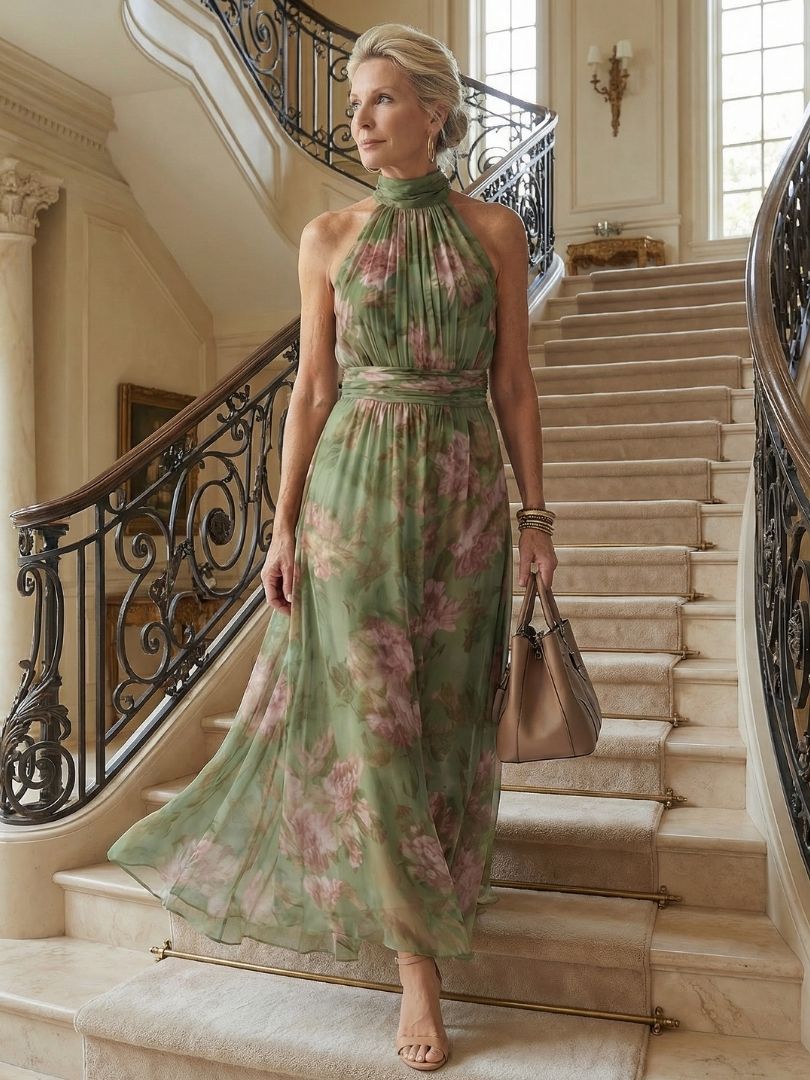 Colette | Botanical Print Gathered Halter Neck Maxi Dress
