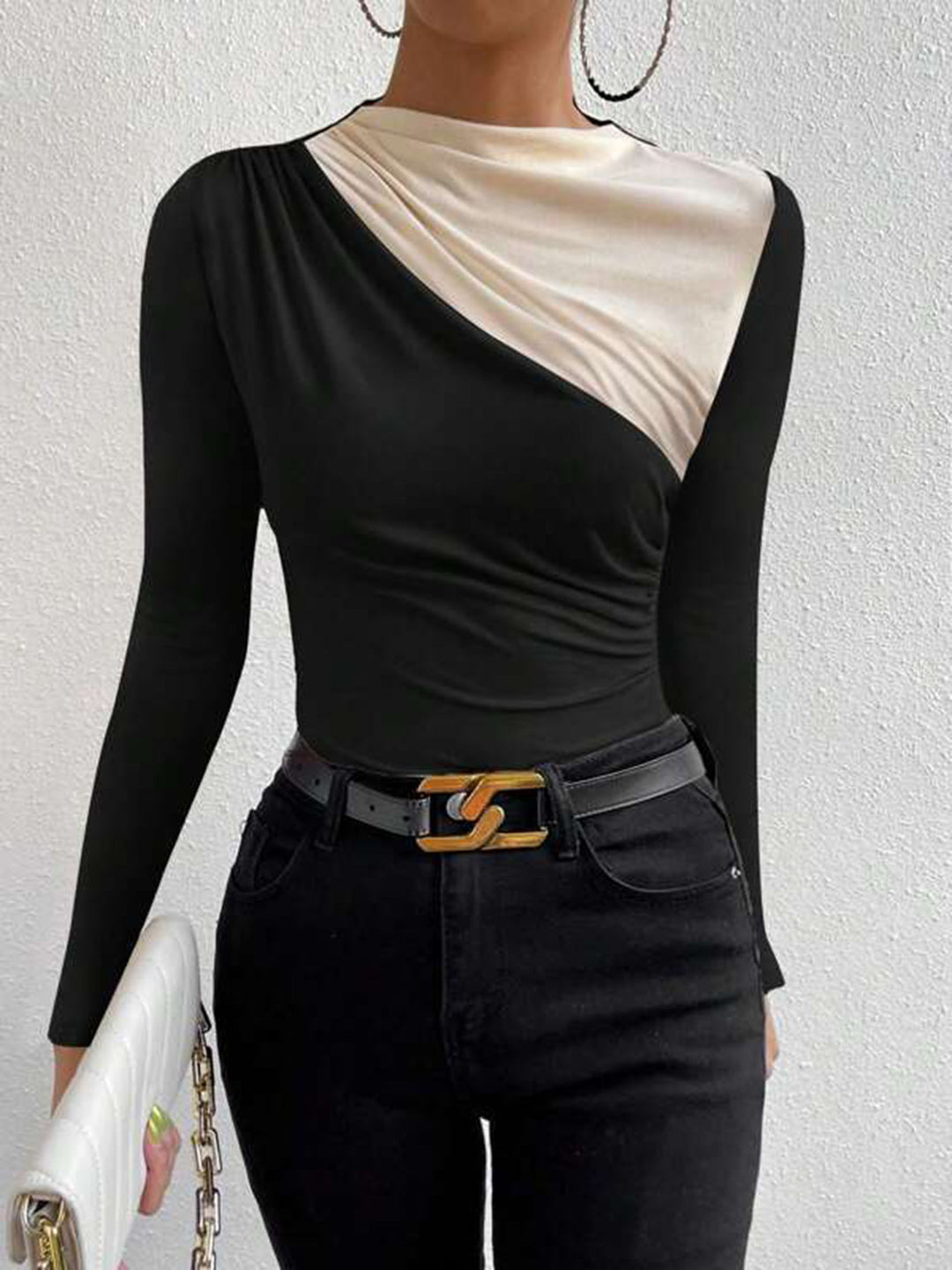 Duality | Colour Block Ruched Long Sleeve Fitted Womens Top