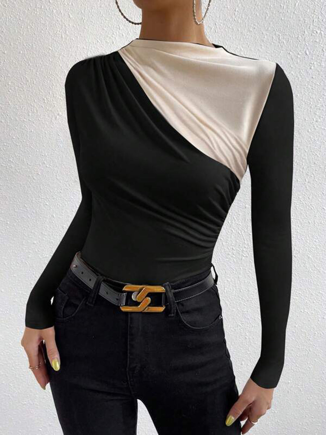 Duality | Colour Block Ruched Long Sleeve Fitted Womens Top