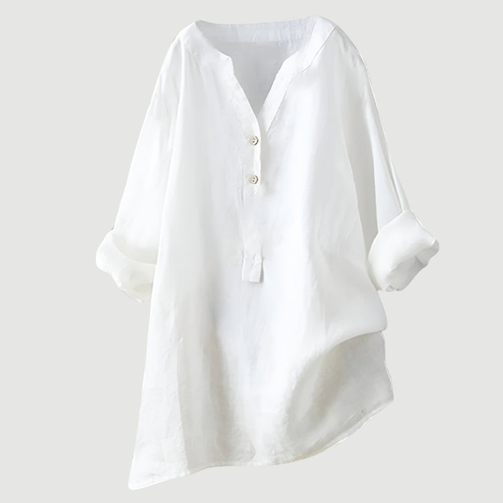 Roseau | V-Neck Linen Button-Up Tunic Blouse