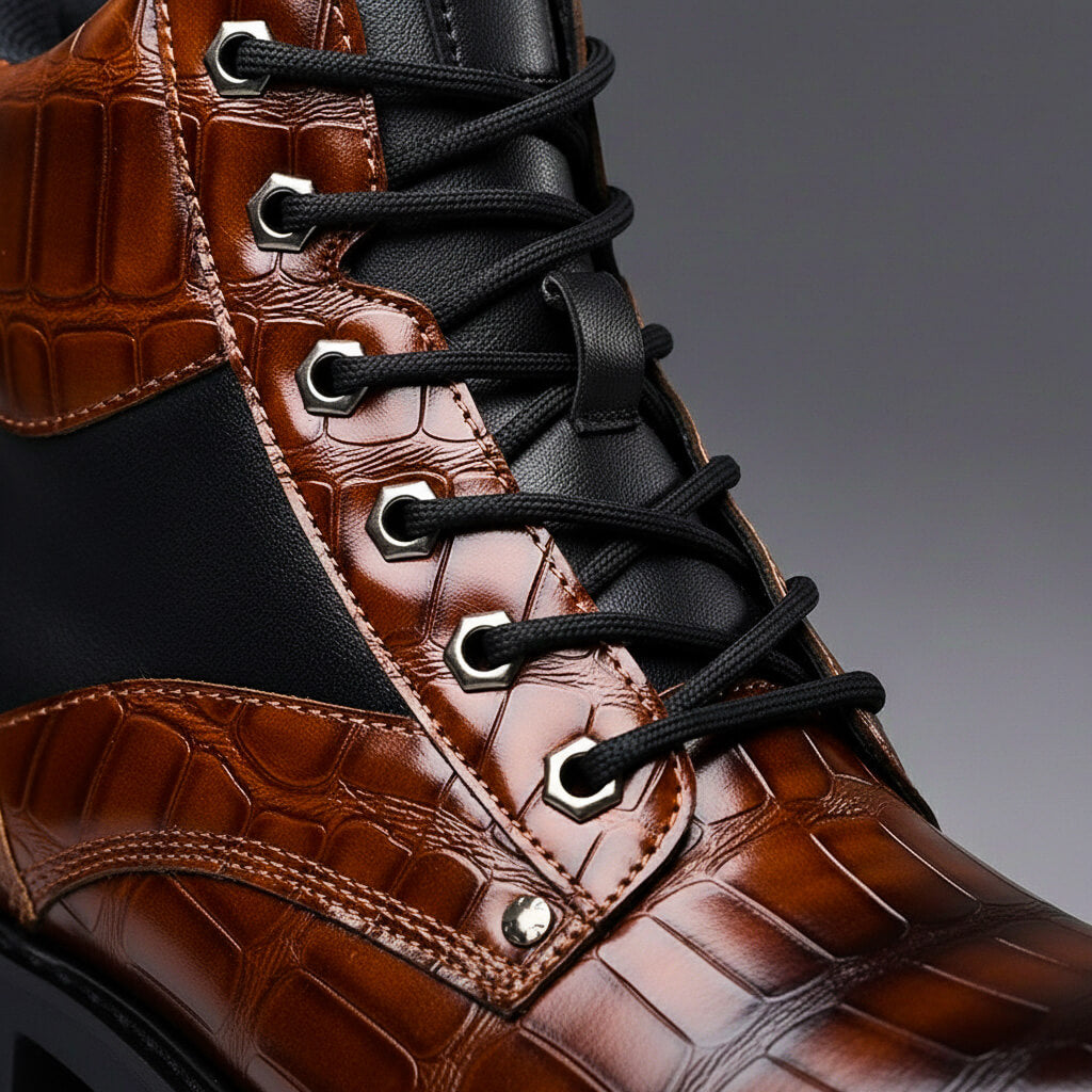 Croxton | Croc Embossed Lace-Up Contrast Panel Combat Boots