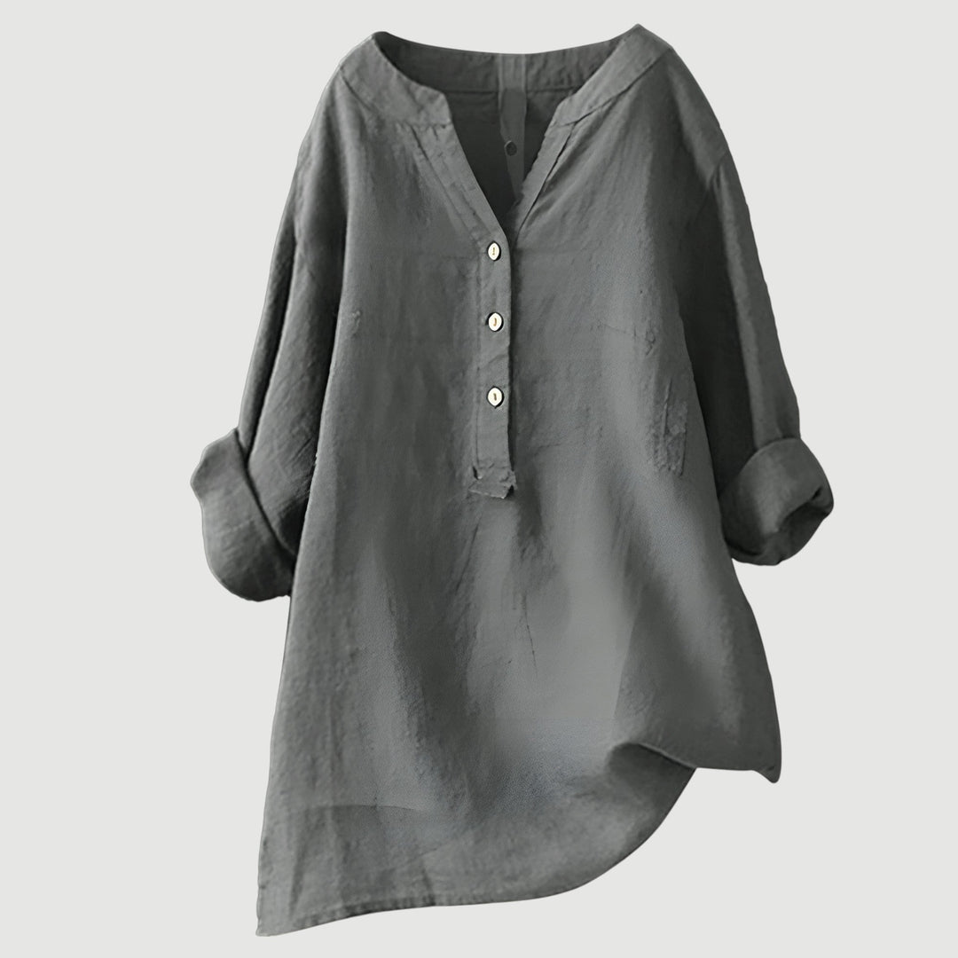 Roseau | V-Neck Linen Button-Up Tunic Blouse